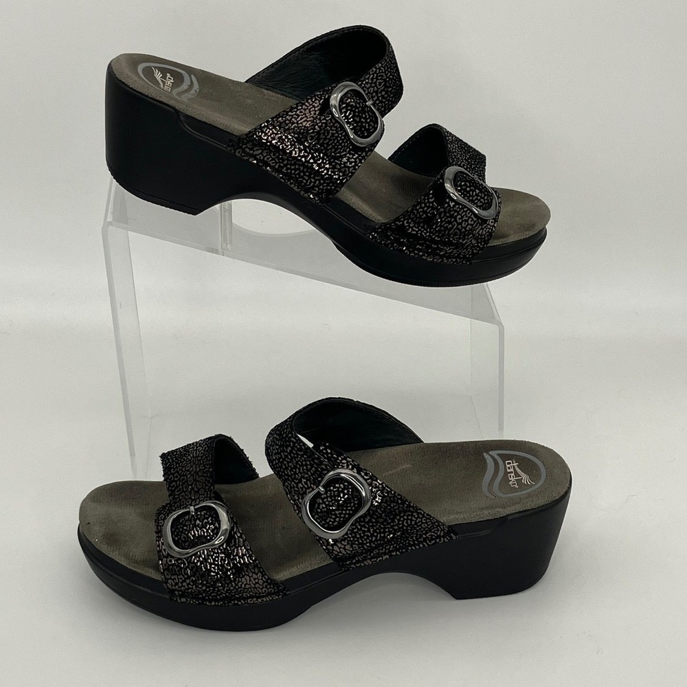 Dansko Platform Sandals Womens 39 8.5 Black Sparkle Slide Wedge Buckle Comfort